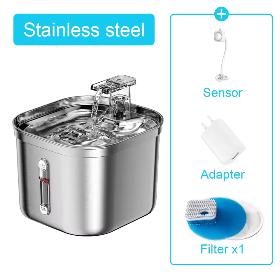 2L Smart Stainless Steel Pet Water Fountain with Motion Sensor & Filters – Cat & Small Dog Dispenser.