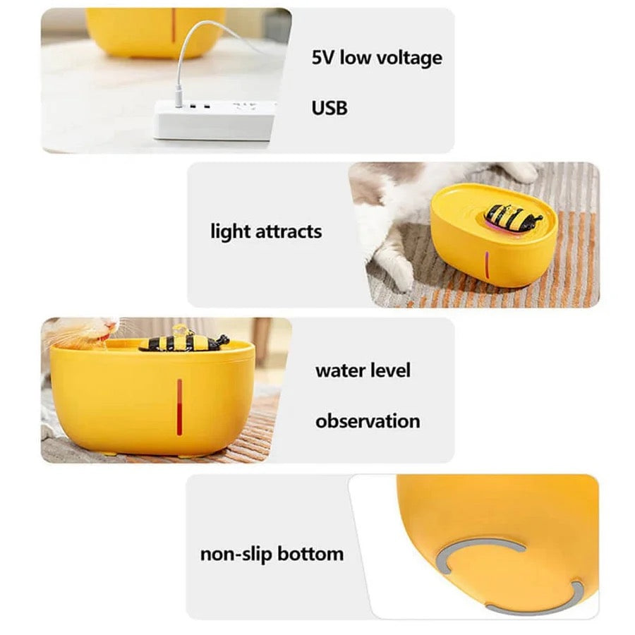 2L Cat Water Fountain with Cute Bee Design – Ultra-Quiet Automatic Pet Dispenser for Cats & Small Dogs.